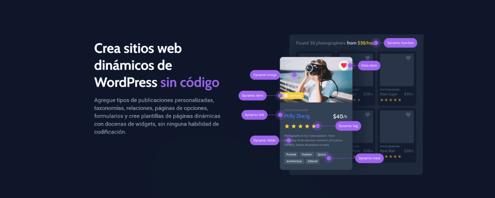 Ejemplo de un directorio de perfiles creado en WordPress sin código, mostrando cómo se pueden construir sitios web dinámicos con Elementor y JetPlugins.