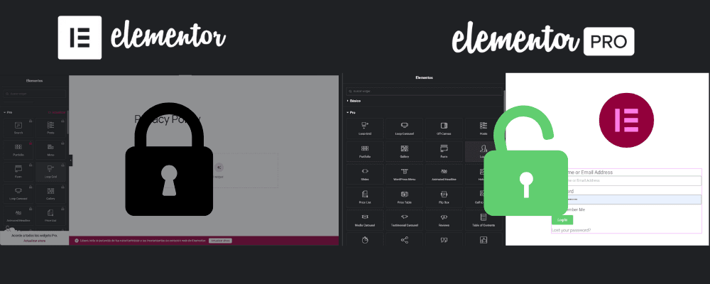 Comparativa visual de Elementor gratis con un candado cerrado y Elementor Pro con un candado verde abierto, simbolizando el desbloqueo de funciones.